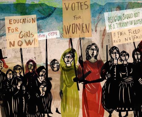 animovaný obrázek protestujících žen s transparenty